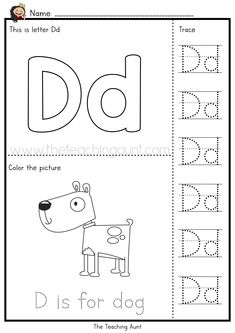 the letter d is for dog worksheet with an image of a dog on it