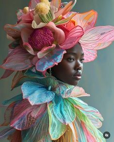 a woman with colorful hair and flowers on her head is wearing a costume made out of leaves