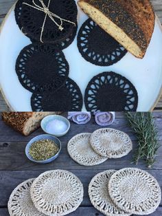 an assortment of bread and other items on a plate with the words, how to make crochet coasters