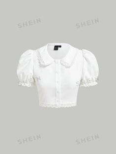 SHEIN MOD Lace Trim Puff Sleeve Crop Blouse | SHEIN USA School Blouse, Sunday Dress, Women Blouses, Crop Blouse, Lace Trim, Puff Sleeve, Designer Dresses, Blouses For Women, Blouses