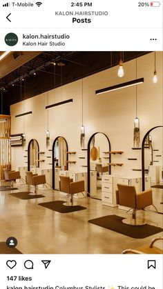 an image of a hair salon with lots of chairs and mirrors on the wall above them