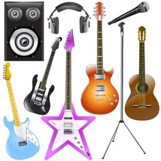 an assortment of musical instruments including guitar, microphone, and star - shaped instrument stand