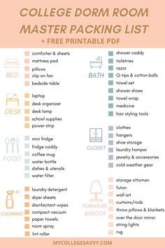 college dorm room master packing list and free printables for college dorm rooms checklist