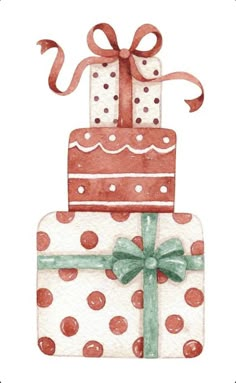 a watercolor painting of two presents stacked on top of each other with a ribbon and bow