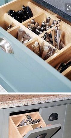 an open drawer with spoons and utensils in it next to a kitchen counter