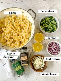 the ingredients for this dish include pasta, cucumbers, lemon, garlic, red onion and seasoning