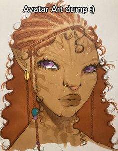 a drawing of a woman's face with purple eyes and braids on her head