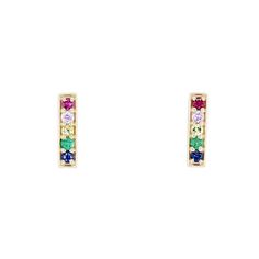 A perfect way to add a delicate amount of color, these bar studs feature 0.16 carats of multi-colored sapphires. Diamonds Direct, Rainbow Sapphires, Floral Studs, Bar Stud Earrings, Bar Studs, Diamond Bar, Royal Jewelry, Halo Diamond, Online Jewelry