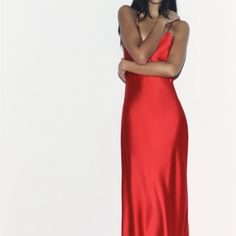 Zara Red Satin Effect Strappy Satin Dress Never Worn| New With Tags Red Silk V-neck Slip Dress, Red Satin Slip Dress For Date Night, Red Satin Summer Dress, Red Midi Length Slip Dress For Formal Occasions, Red Satin Midi Dress For Night Out, Spring Red Satin Dress, Red Satin Dress For Spring, Red Sleeveless Slip Dress For Formal Occasions, Red Satin Midi Slip Dress