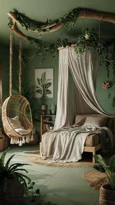 a bedroom decorated in green and white with hanging plants on the ceiling, wicker hammock