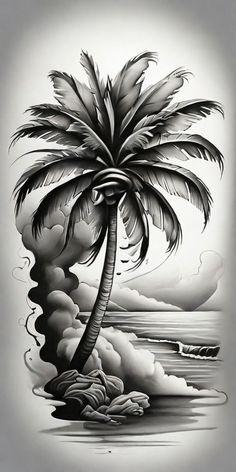 a black and white drawing of a palm tree in the middle of an ocean with clouds