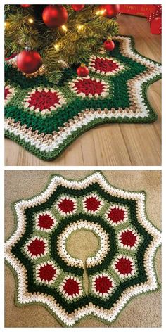 crocheted christmas tree skirt with red and green poinsettis on it