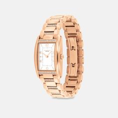 A distinctive stately design the minimalist Reese watch is an elevated choice for everyday. Sparkling with crystals this rose gold tone bracelet design features a satin dial detailed with a mix of numerical and stick markers. It’s accented with our Signature on the clasp for a heritage touch. | Coach Reese Watch, 24 Mm X 35 Mm - Women's - Rose Gold Timeless Rose Gold Watch For Professional Use, Timeless Rose Gold Watches For Work, Elegant Rose Gold Watch With Metal Dial, Luxury Coach Watches With Diamond Hour Markers, Elegant Gold Coach Watch, Coach Luxury Rose Gold Watch, Luxury Rose Gold Coach Watch, Coach Jewelry With Diamond Hour Markers, Bracelet Design