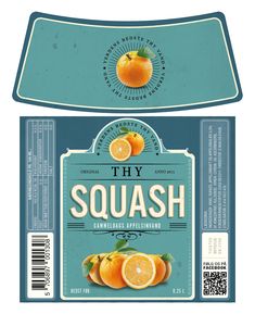 an orange label with the word squash on it and two slices cut out