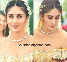 anusha bhatra in gold dress with pearls on her head and necklace