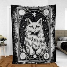 Tarot Card Occult Cat Witchy Blanket-MoonChildWorld Witchy Blanket, Moon Blanket, Mystical Symbols, Blanket Halloween, Witchy Home Decor, Tarot Reader, Halloween Blanket, Cat Blanket, Blanket Black