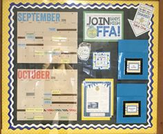 a bulletin board with various items on it