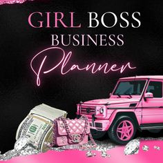 a pink jeep parked next to a pile of money and the words girl boss business planner