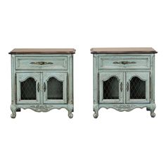 pair of antique blue painted cabinets with wood top