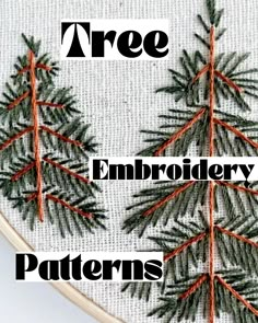 three embroideryed pine trees with the words tree embroidery patterns on them in black and white