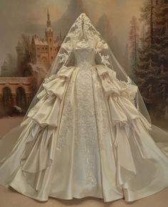 a wedding dress is displayed on display in front of a wall with an image of a castle