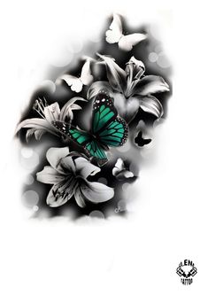 a green butterfly sitting on top of white lilies in the middle of a black and white background