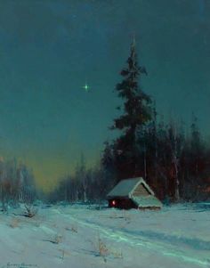 a painting of a snowy landscape with a house and trees in the background at night