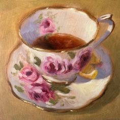 a painting of a tea cup and saucer with pink roses