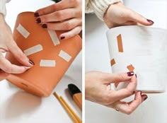 two pictures showing different ways to wrap a paper bag with nail polishes and pencils