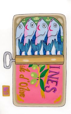 a drawing of three fish in a box