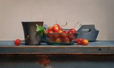 a painting of cherries in a bowl on a table next to a watering can