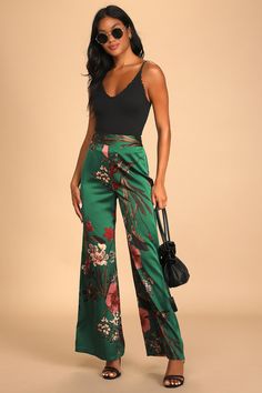 Green Floral Satin Pants - Floral Print Pants - Wide-Leg Pants - Lulus Satin Pants Outfit, Tv Nook, Flower Pants, Floral Print Pants, Satin Pants, Green Floral Print, Live Your Best Life, Floral Pants, Wide Pants