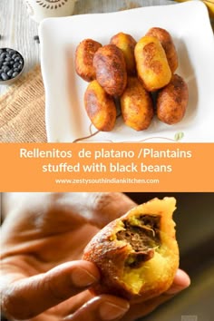 a person holding a pastry in their hand and the words rellenntos de platano / plantains stuffed with black beans