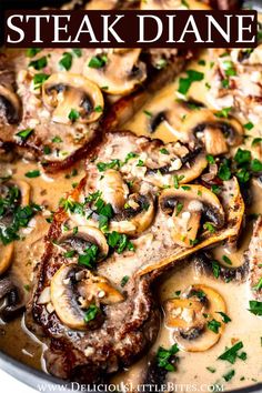 steak diane with mushrooms and parsley in a white sauce