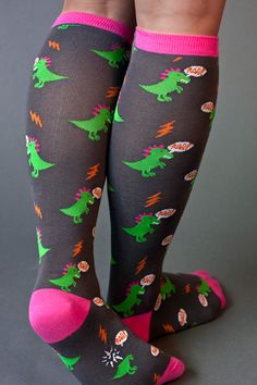 ... Outfits With Knee High Socks, Dino Socks, Weird Socks, Wacky Socks, Tall Boots Outfit, Dinosaur Socks, Shopping Accessories, Sock It To Me, Pink Contrast