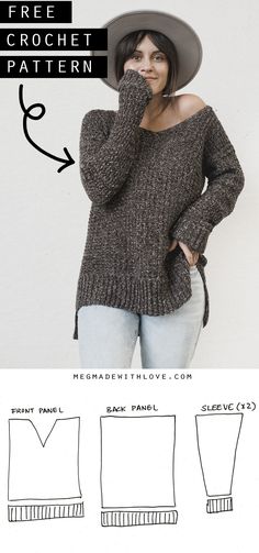 a woman wearing a hat and sweater with the text free crochet pattern on it