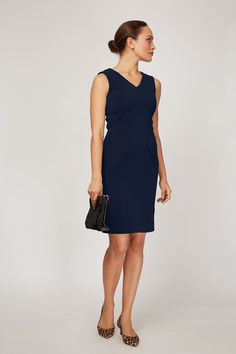 Women' Business Alyssa Dress V Back - Navy NORA GARDNER | OFFICIAL STORE for work and office Elegant V-neck Midi Dress With Flattering Cut, Chic A-line Dress For Business Casual, Classic V-neck Semi-formal Dress, Formal V-neck Midi Dress, Modern V-neck Dress For Work, Elegant Fitted V-neck Dress For Semi-formal Occasions, Elegant Fitted V-neck Semi-formal Dress, Elegant Fitted V-neck Dress With Flattering Silhouette, Dressy V-neck Midi Dress For Office