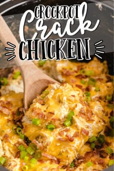 the crock pot is filled with chicken and green onions, topped with melted cheese