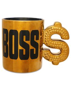 a gold coffee mug with the word boss printed on it