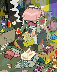 a cartoon character sitting on the ground surrounded by toys and other items in a messy room