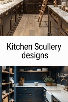 a kitchen with blue cabinets and white counter tops is featured in the article, kitchen scullery designs