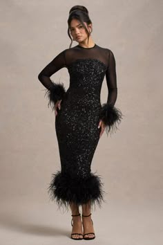 Afterglow | Black Sequin Long-Sleeve Midi Dress With Feather Trims Dazzling Dress, Bold Lip, Feather Trim, Black Evening Dresses, Invisible Zip, Mesh Long Sleeve, Long Sleeve Midi, Long Sleeve Midi Dress, Long Blouse