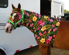 a brown horse wearing a floral blanket standing next to a white trailer with flowers on it