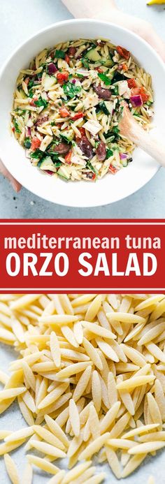 the cover of mediterranean tuna orzo salad