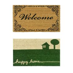 two door mats with the words welcome and an image of a house on one side