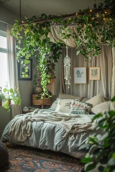 a bedroom with plants hanging from the ceiling