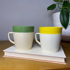 two coffee mugs sitting on top of a book next to a potted plant