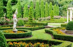 a garden with many different types of flowers and plants around it, including hedges in the center