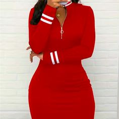 Red And White Knit Dress Red W White Accents Front Neck Zipper Crew Neck King Sleeve Below Knee Length Gold Sweater Dress, Wrap Dress Long Sleeve, Wrap Dress Long, White Knit Dress, Red And White Dress, V Neck Cocktail Dress, Red Shirt Dress, Dress Knit, Grey Sweater Dress