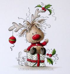 a drawing of a reindeer holding a present box with the words buenos dias